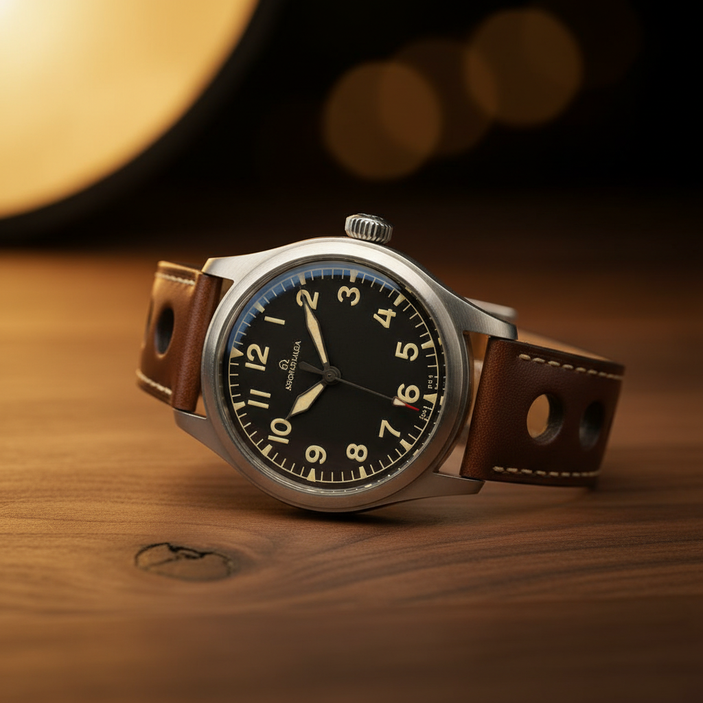 Brown rally strap on vintage pilot watch — cinematic studio