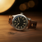 Brown rally strap on vintage pilot watch — cinematic studio