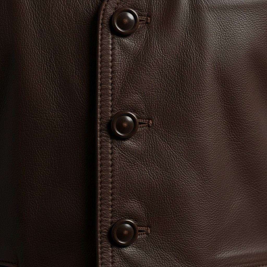 Brown leather vest – button detail close-up