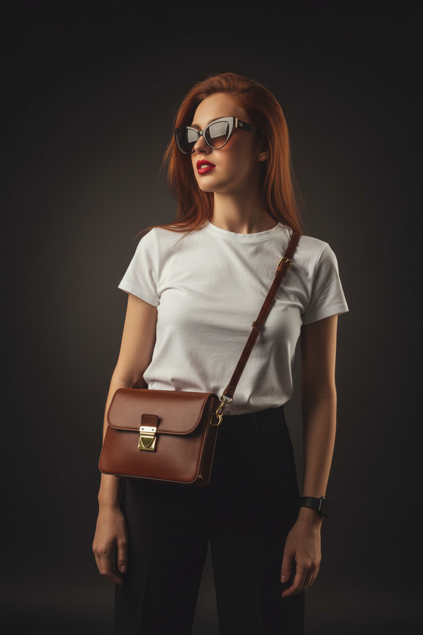 Brown leather crossbody bag - model waist up studio
