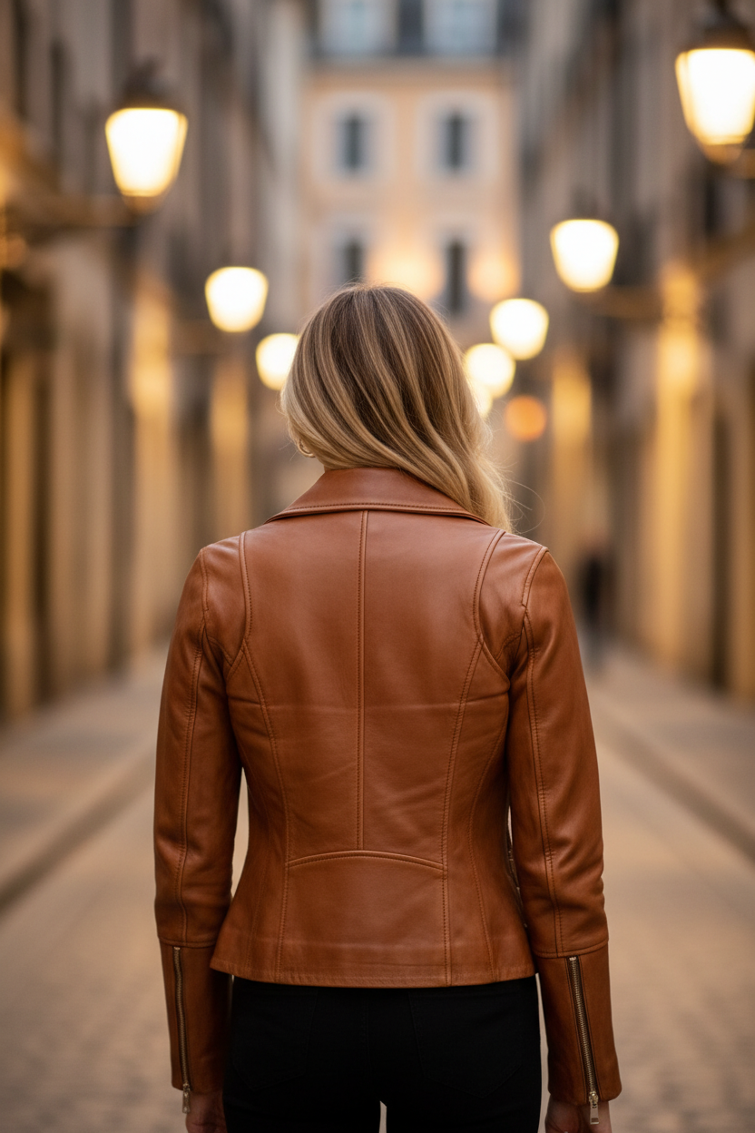 Brown Leather Biker Jacket – Back View