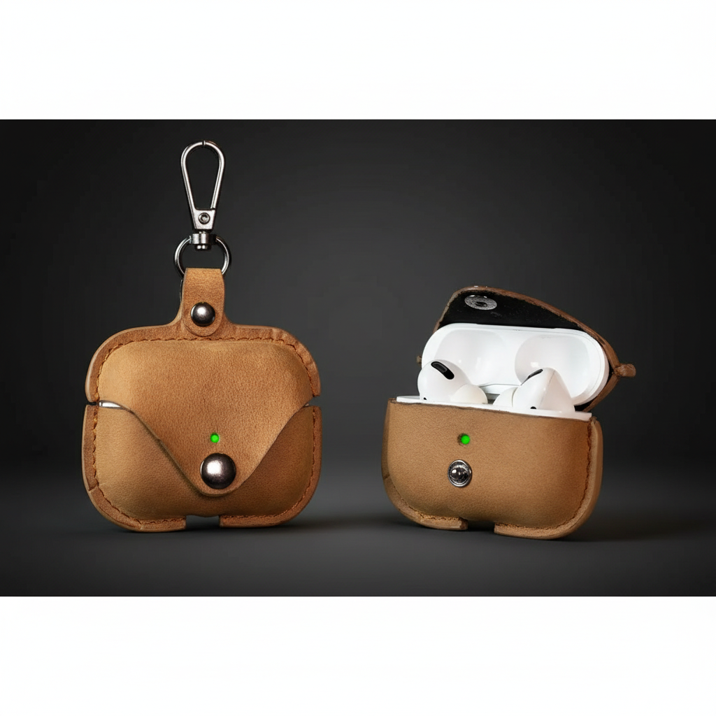 Leather AirPods Pro case — studio dual angle hero shot