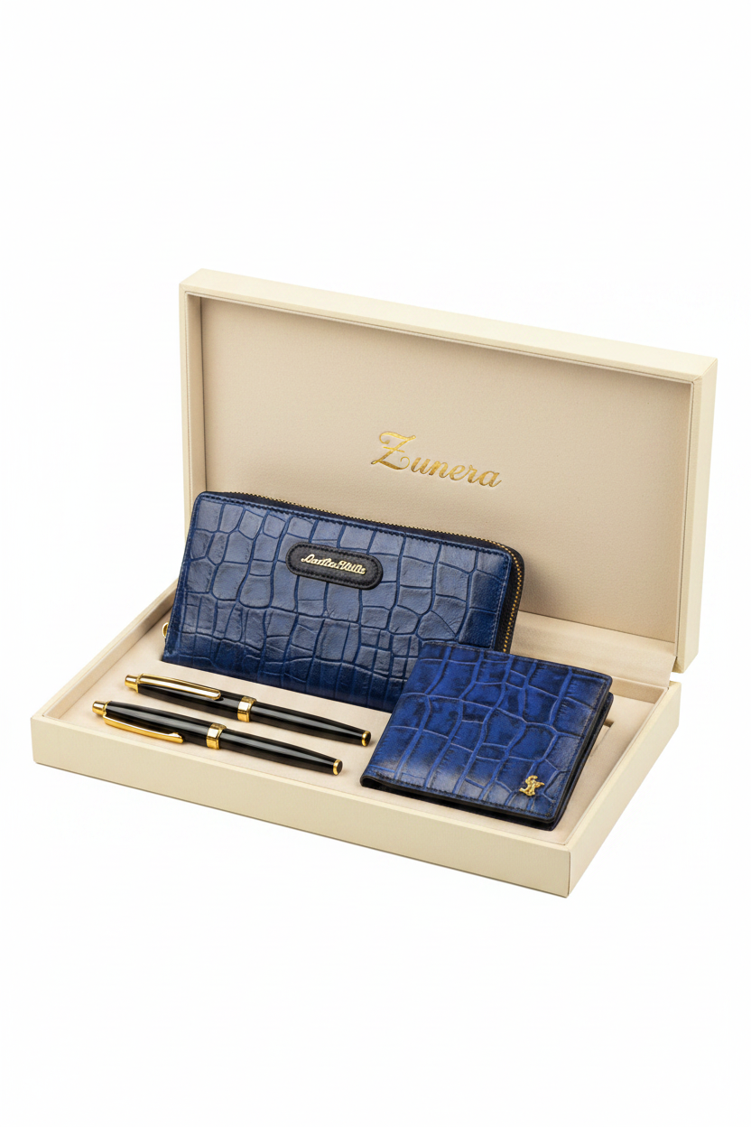 Hero - blue croco leather gift set in Zunera box