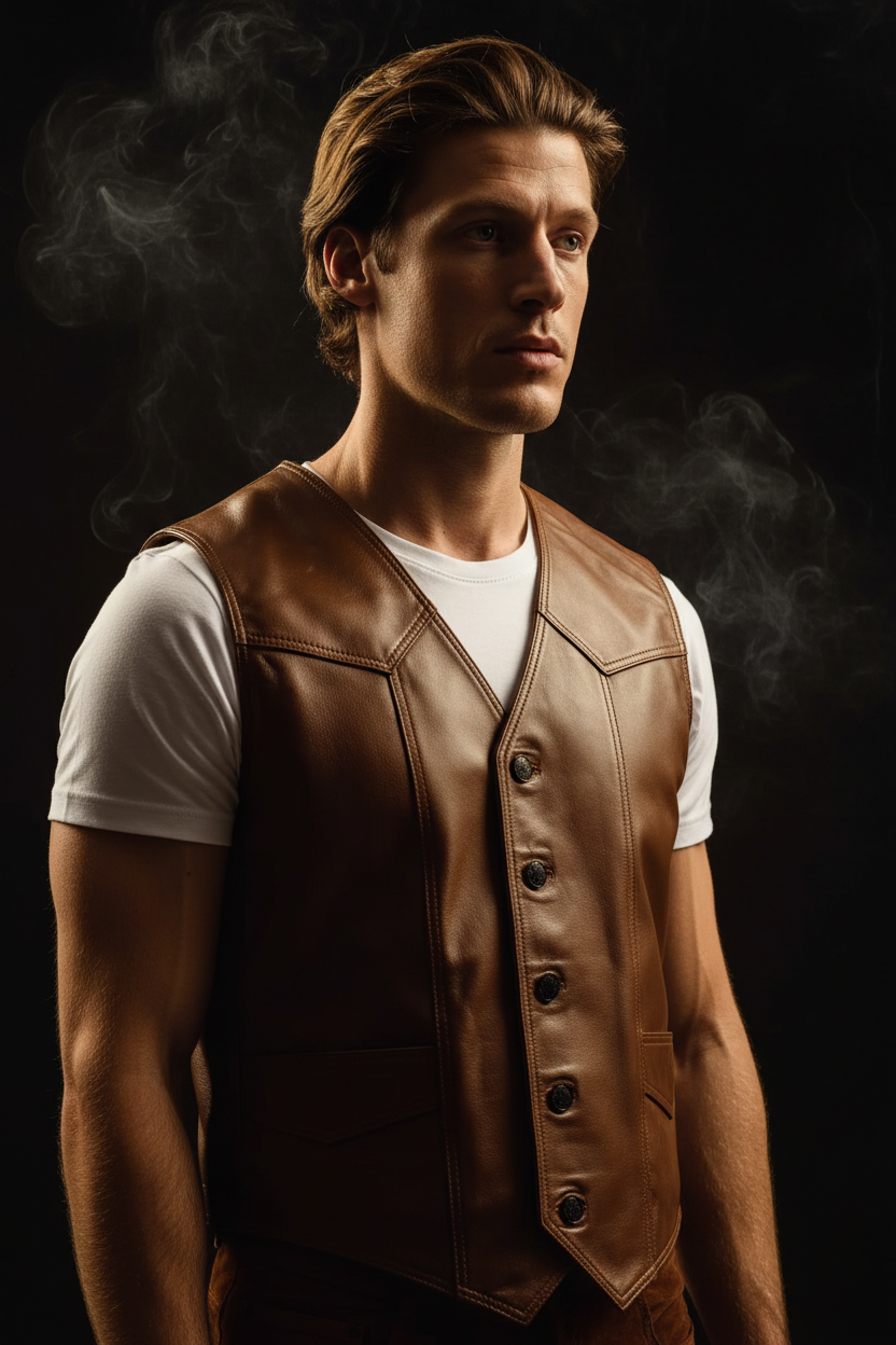 Men's brown leather western vest – three-quarter angle