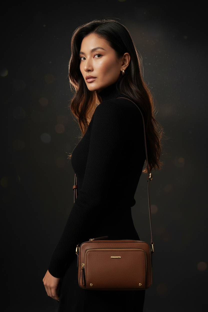 Model wearing brown leather crossbody bag - over shoulder
