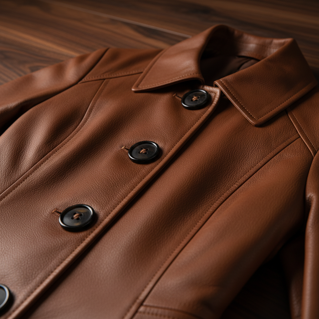 Brown leather trench coat — lapel and button detail