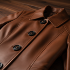 Brown leather trench coat — lapel and button detail