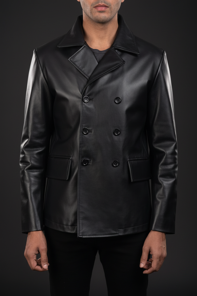 Black double-breasted leather blazer front model view