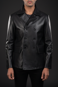 Black double-breasted leather blazer front model view