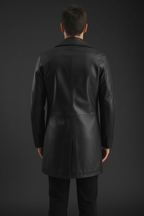 Black leather long coat back model view