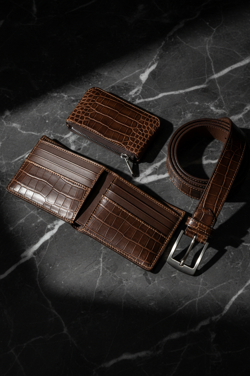 Crocodile leather wallet, belt and key pouch flat lay detail
