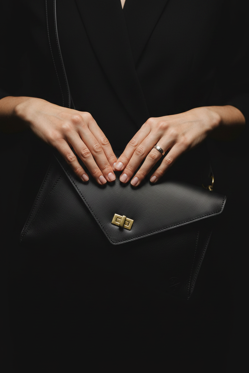 Black leather crossbody bag - hands detail close-up