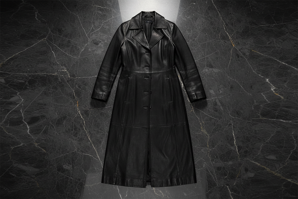 Black leather trench coat — flat lay overhead