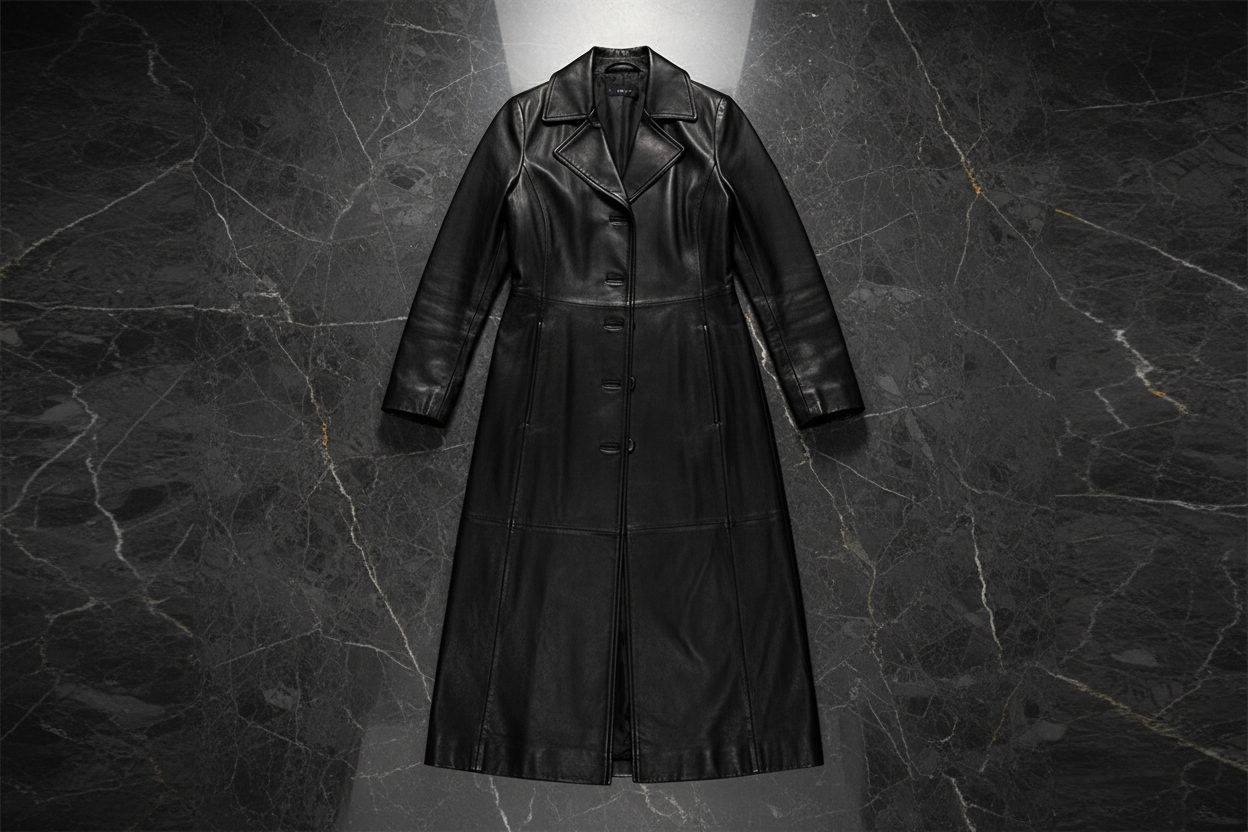 Black leather trench coat — flat lay overhead