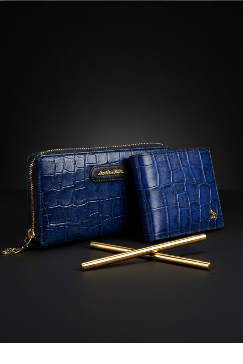 3/4 angle - both wallets upright with crossed gold pens