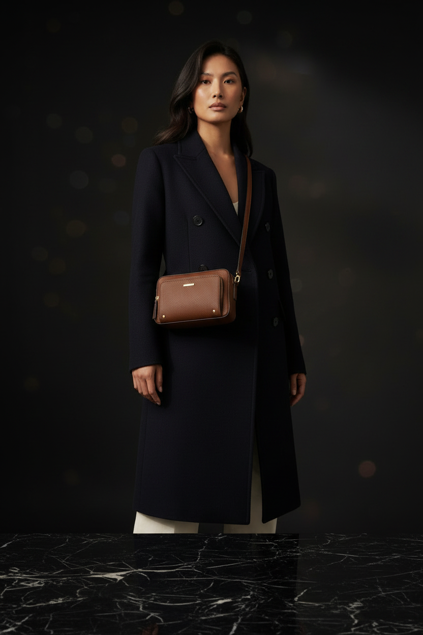 Model wearing brown leather crossbody bag - low angle