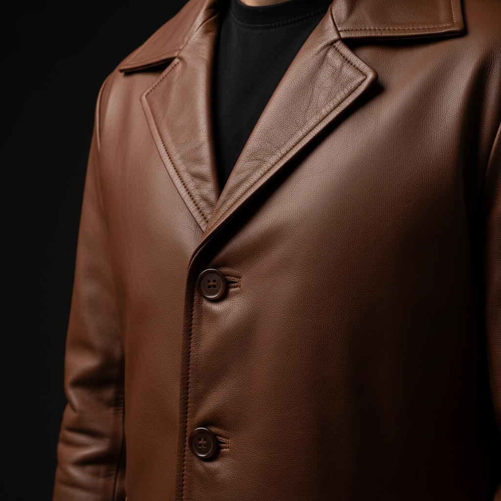 Tan brown leather coat button and texture close-up