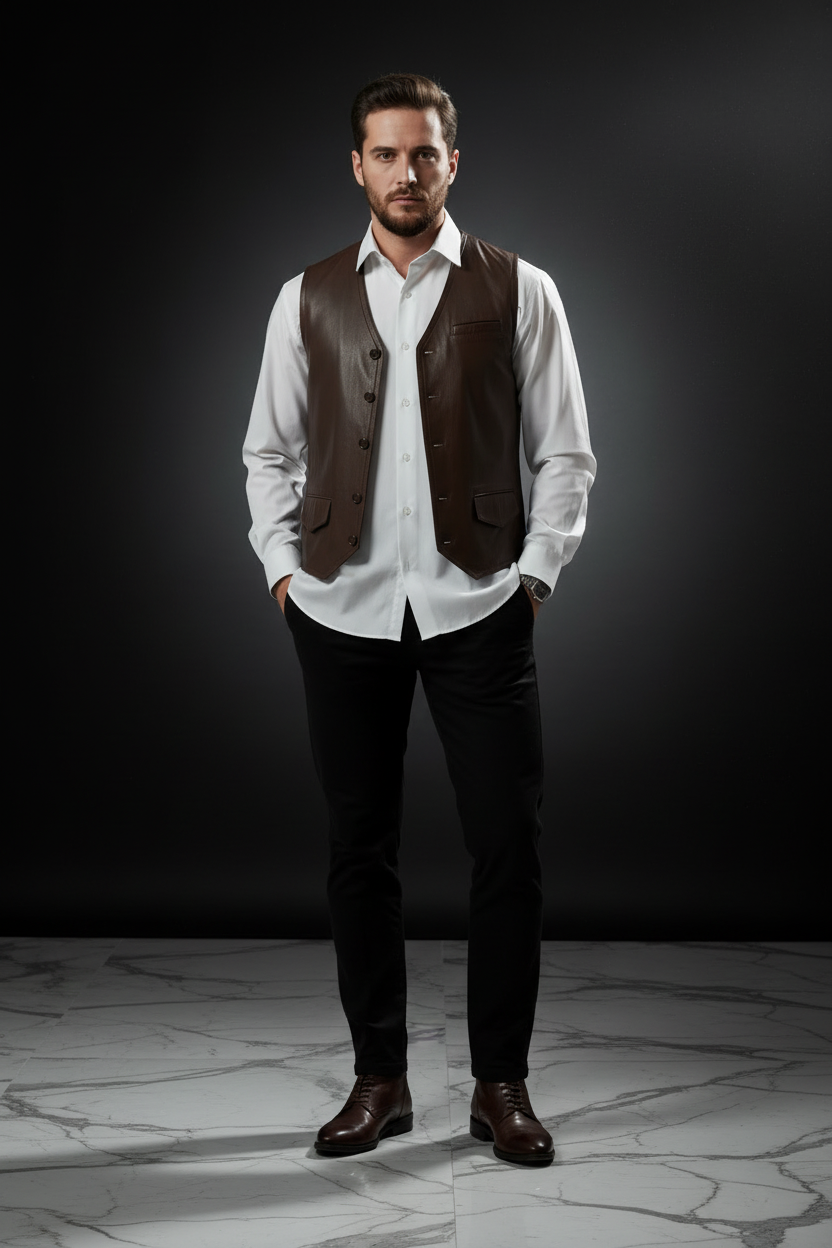 Men's brown leather vest – full body