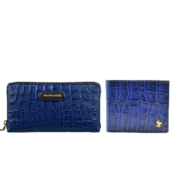 Royal Blue Croco Leather Wallet & Pen Gift Set