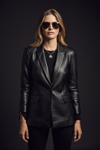 Black leather blazer front view studio