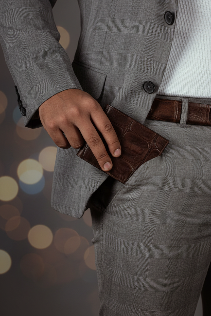 Lifestyle - man in suit with croco leather wallet and belt