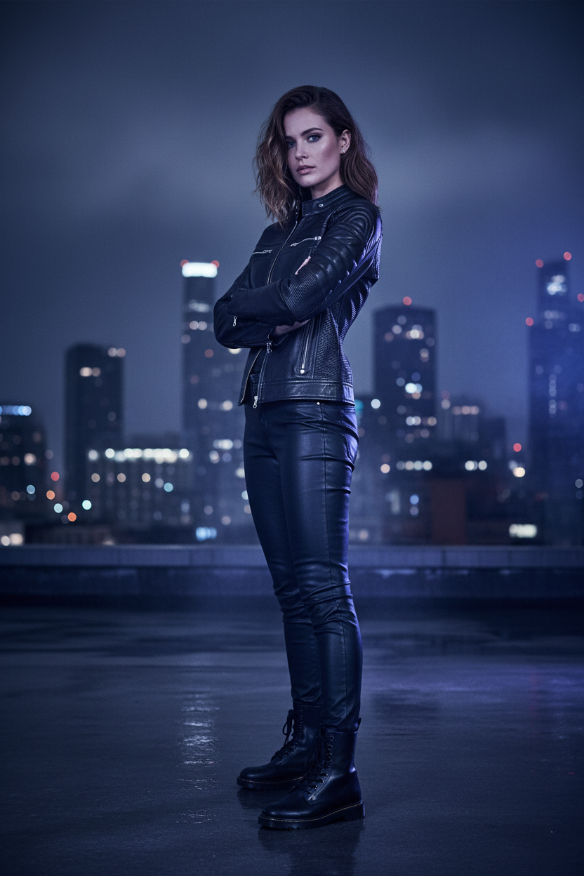Black Quilted Moto Jacket – Arms Crossed Urban Rooftop