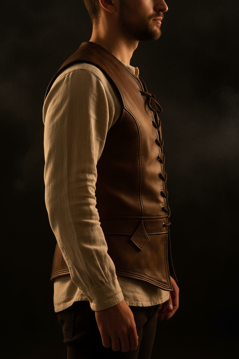 Men's brown leather medieval lace-up vest – side profile