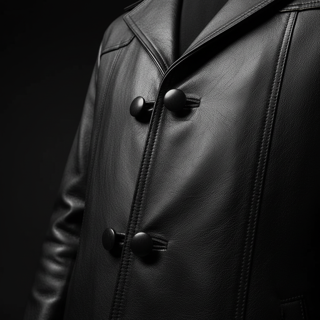 Black leather long coat macro close-up texture and button detail
