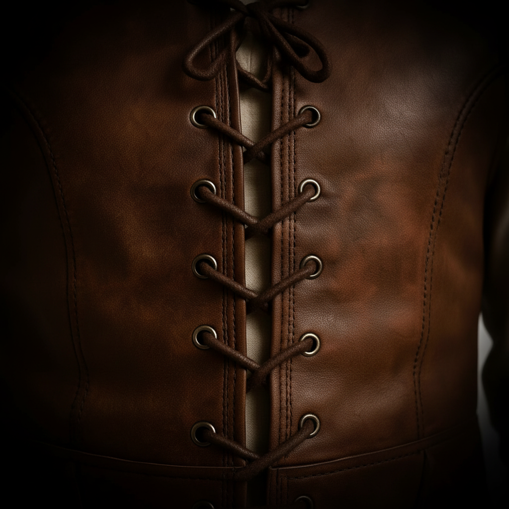 Men's brown leather medieval lace-up vest – lace and eyelet close-up