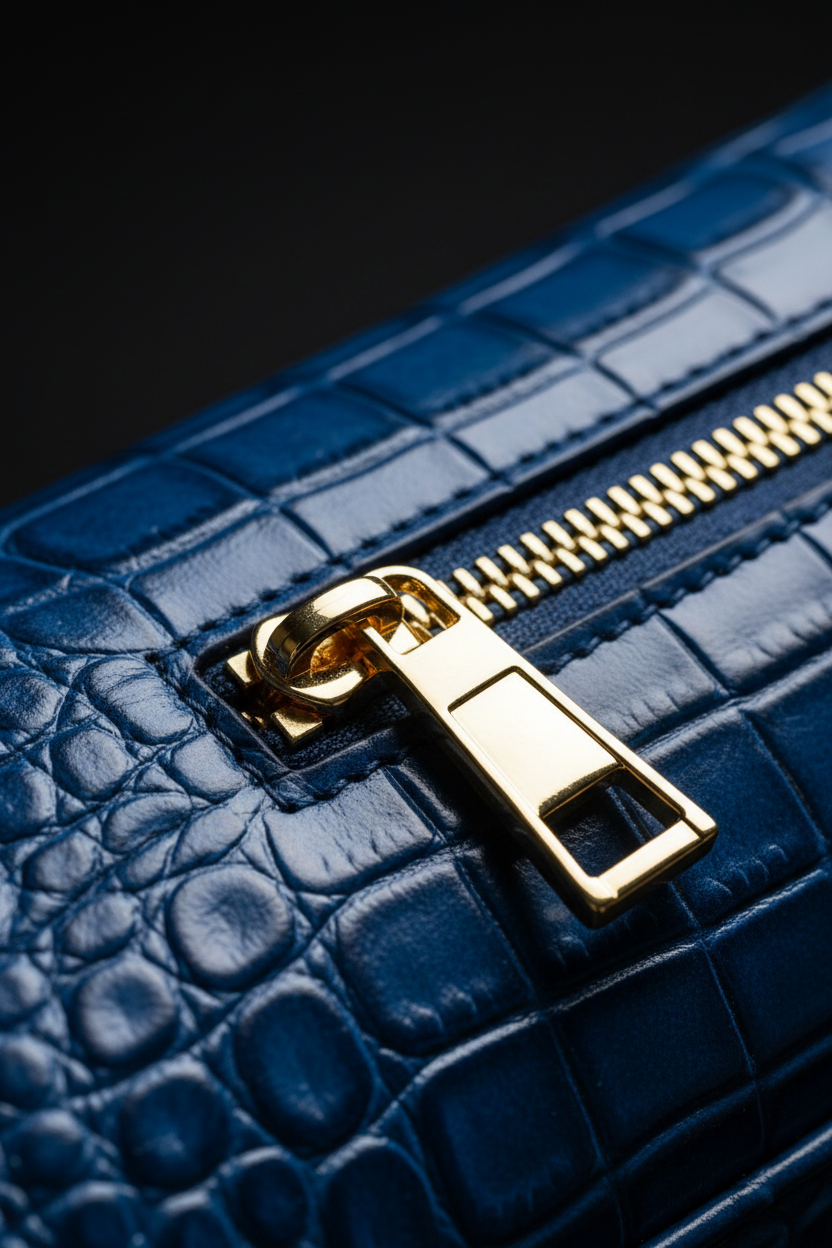 Macro close-up - royal blue croco leather texture and gold zipper