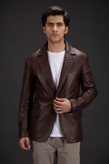 Dark brown quilted leather blazer front view