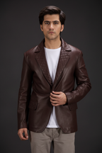 Dark brown quilted leather blazer front view