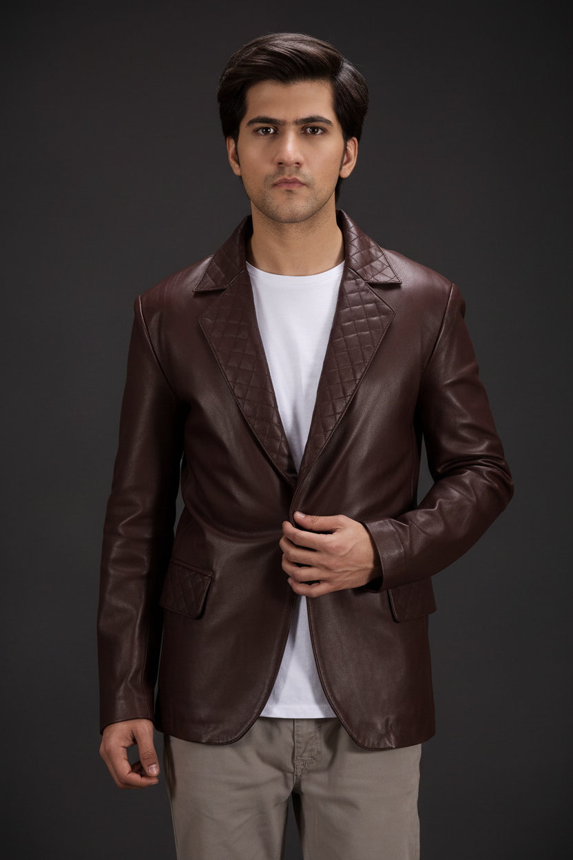 Dark brown quilted leather blazer front view