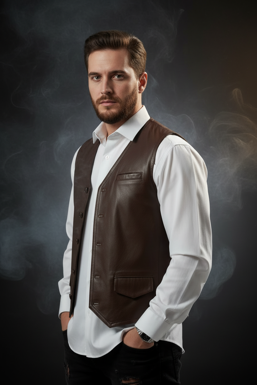 Men's brown leather vest – three-quarter angle