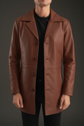 Tan brown leather long coat front model view