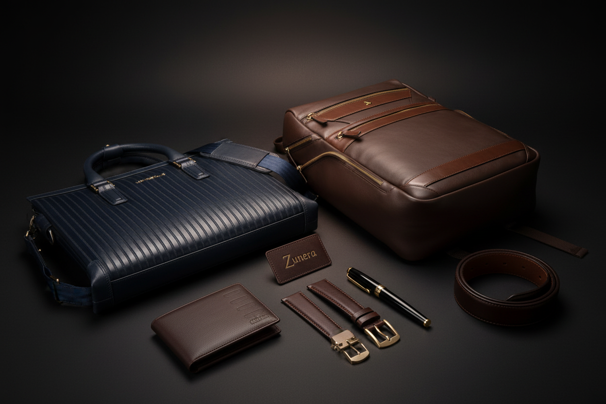 Full gift set flat lay - laptop bag, backpack, wallet, belt, watch strap and pen
