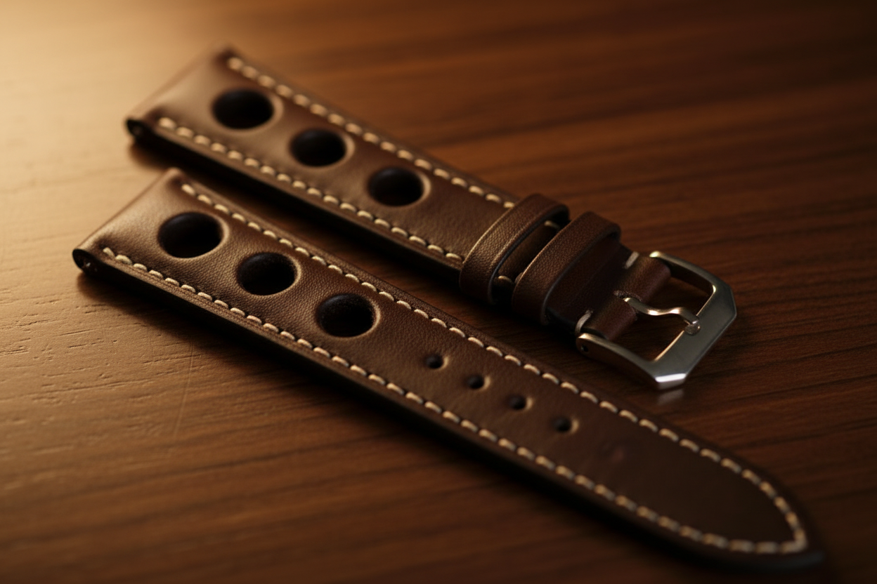 Dark brown rally perforated leather watch strap — 8K cinematic