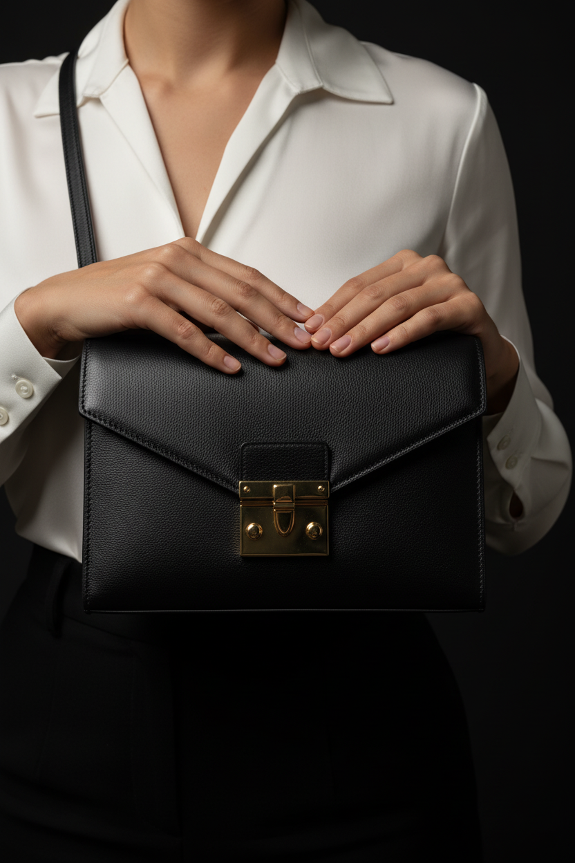 Black leather crossbody bag - model torso close-up