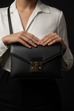 Black leather crossbody bag - model torso close-up