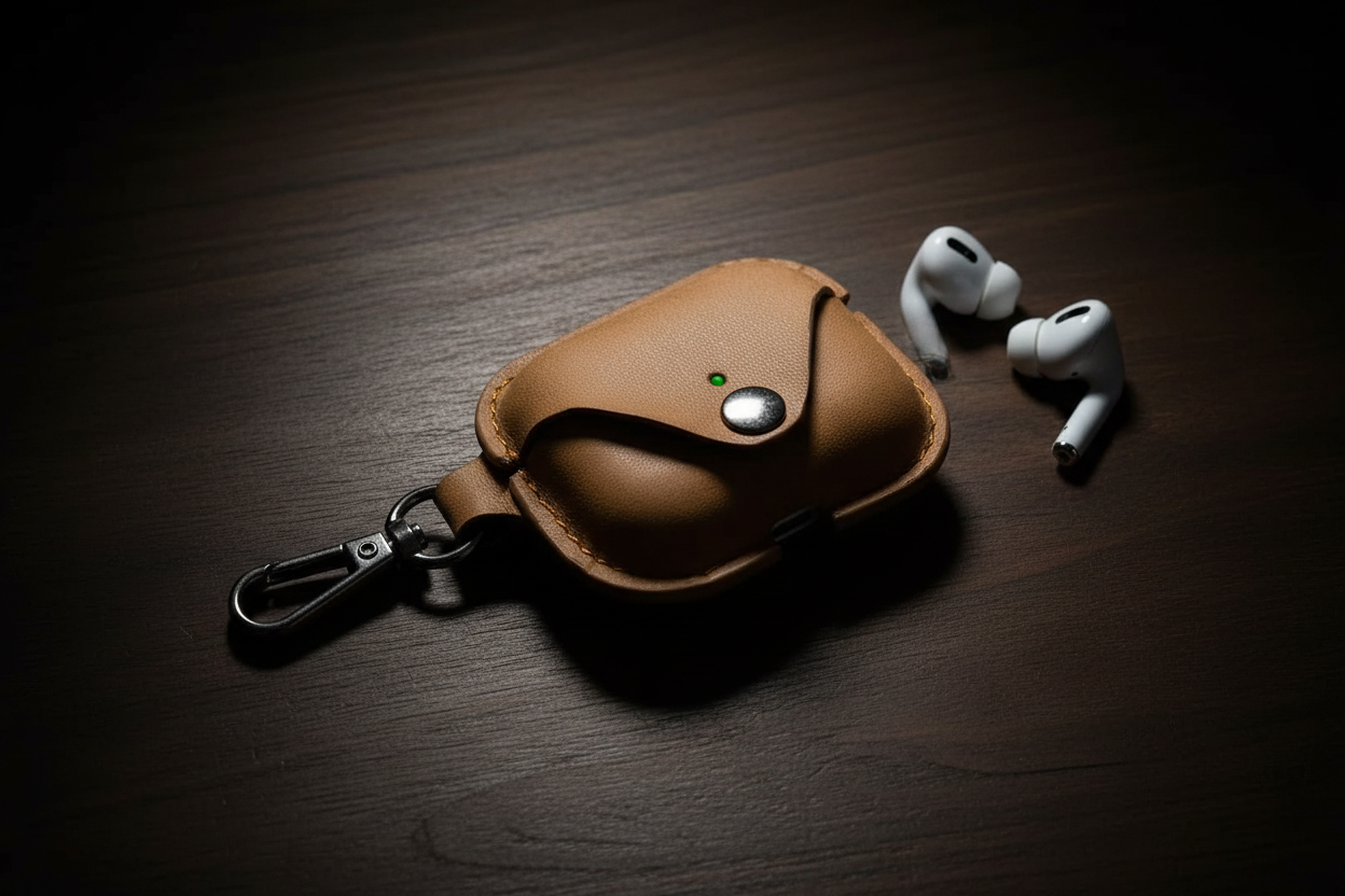 Leather AirPods Pro case — flat lay walnut wood