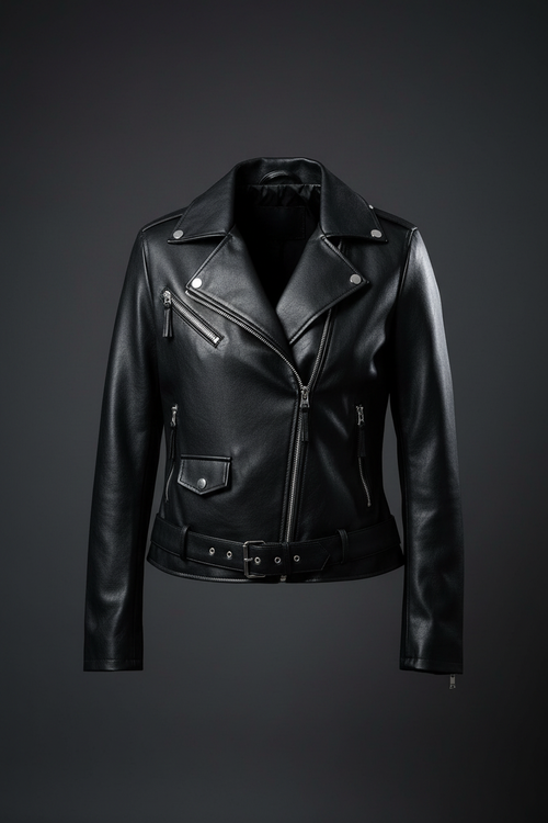 Black Leather Biker Jacket - Studio Front View