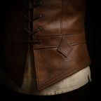 Men's brown leather medieval lace-up vest – hem and stitching close-up