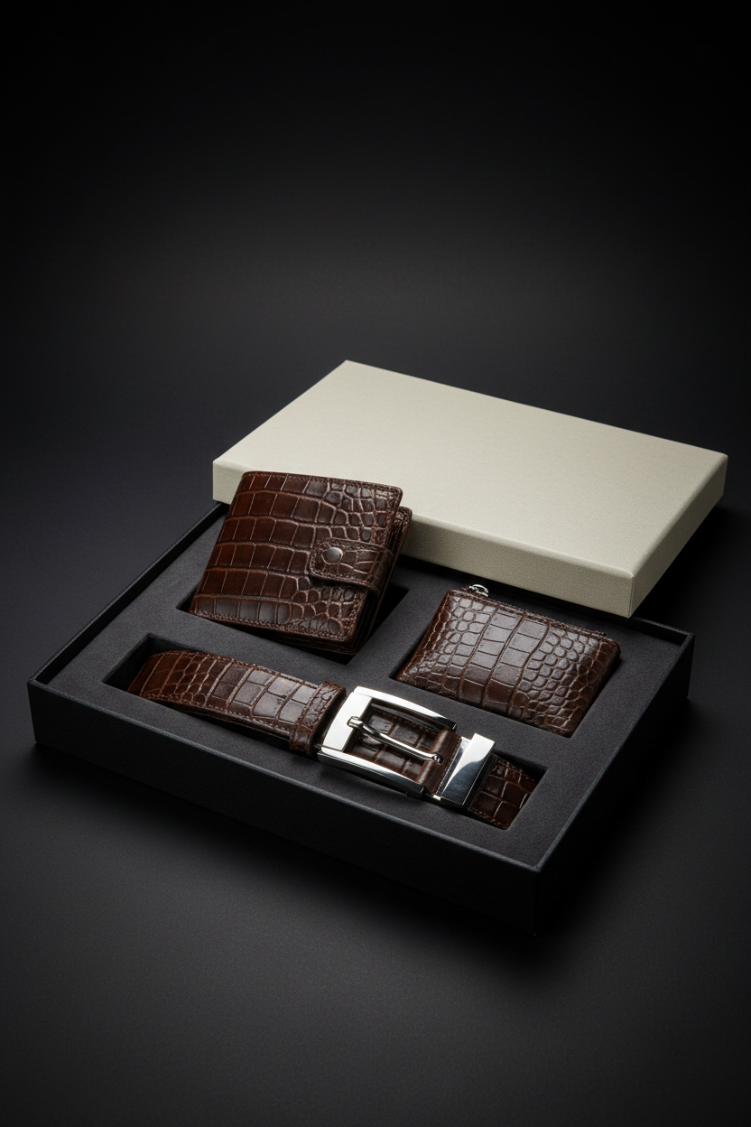 Men's leather gift set in premium black gift box - no branding