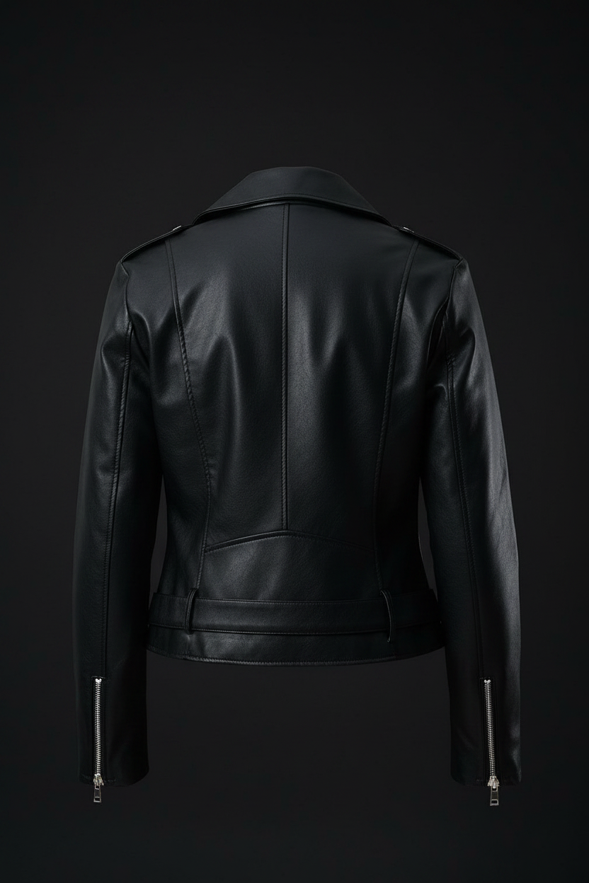 Black Leather Biker Jacket - Back View