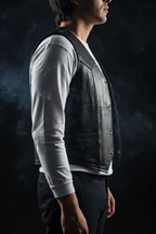 Men's distressed black leather snap vest – side profile