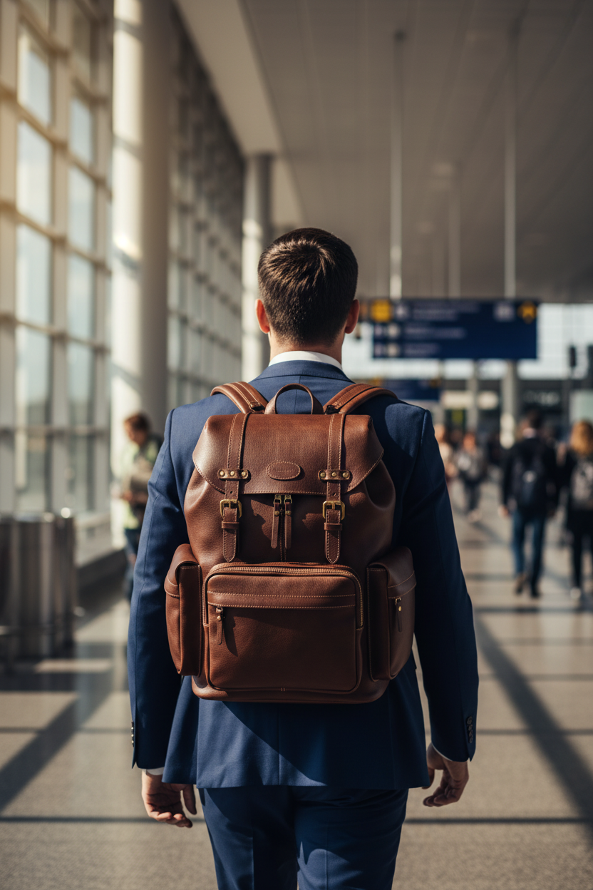 Professional man at airport wearing Zunera Premium Leather Backpack