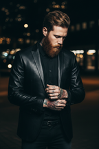 Men's black leather blazer urban night editorial