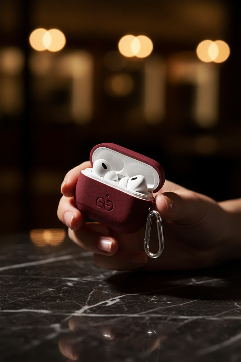 Burgundy AirPods Pro case — model hand lifestyle