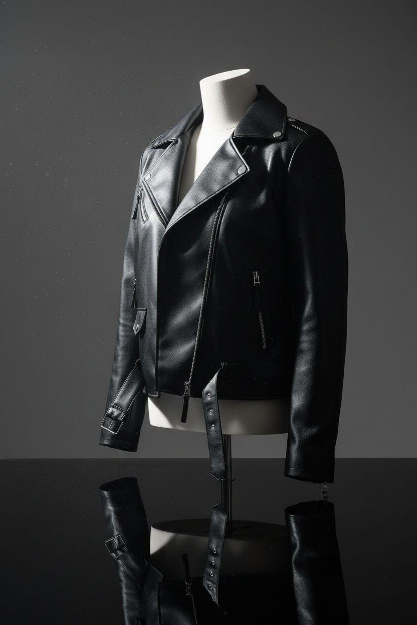 Black Leather Biker Jacket - Three Quarter View
