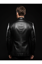 Men's black leather blazer back view